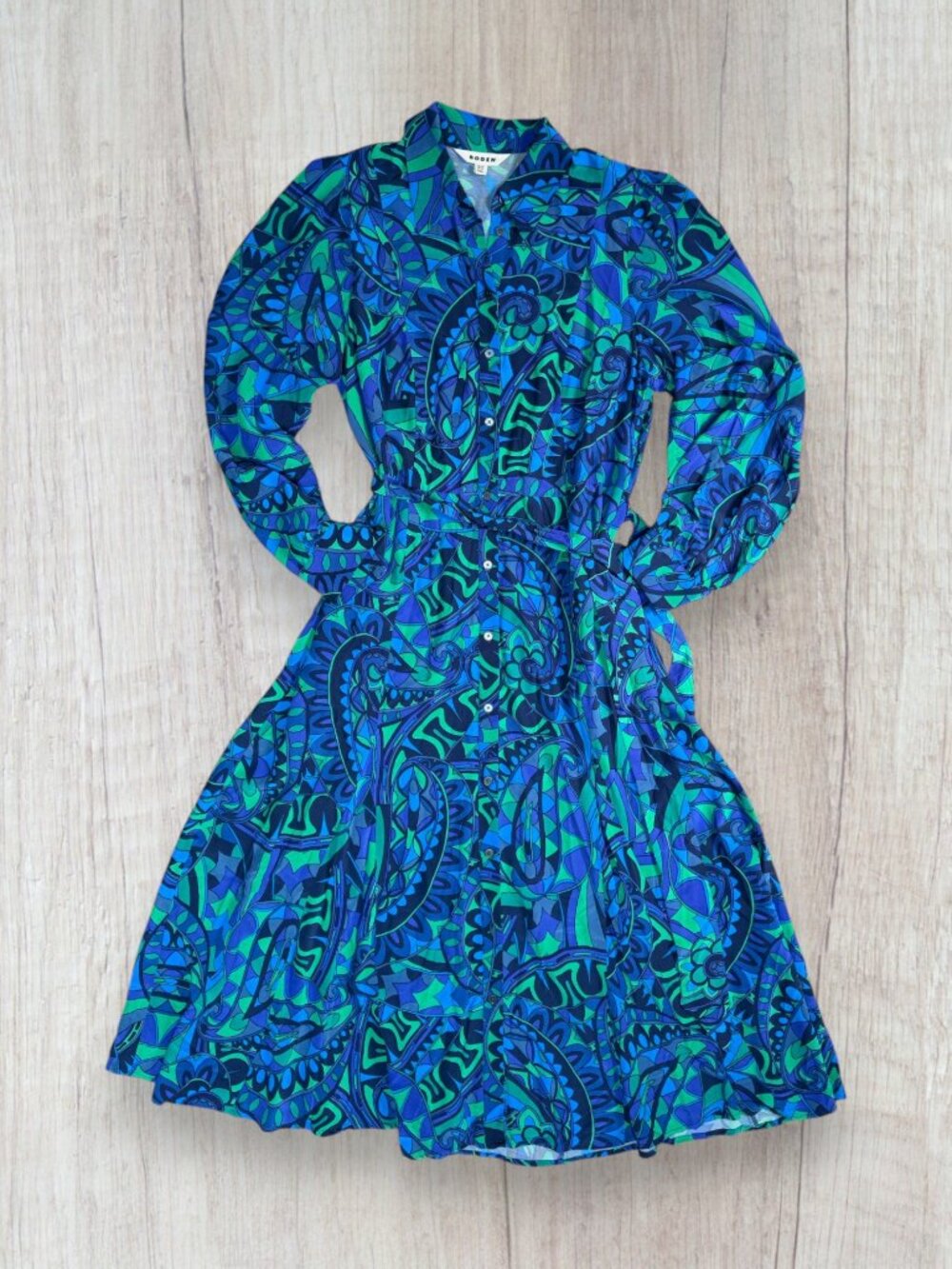 Boden Martha Godet Midi Dress Blue Green Paisley Belted Shirt Dress Womens 10 - Picture 7 of 7